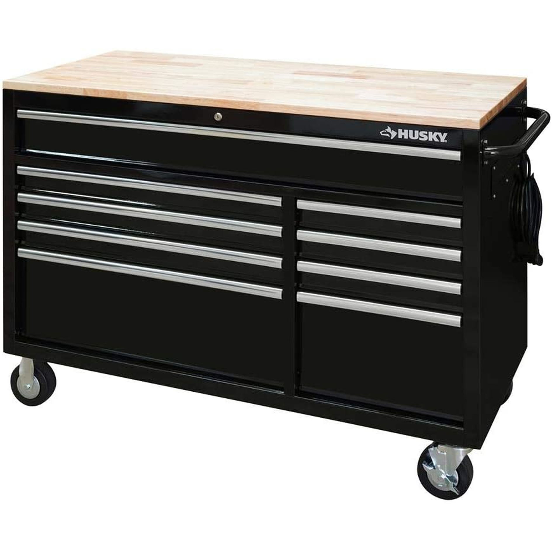 HuskyTool 46 in. W x 24.5 in. D 9-Drawer Gloss Black Deep Tool Chest Mobile Workbench with Hardwood Top and Power Station, Red, (H46MWC9V2PWR)