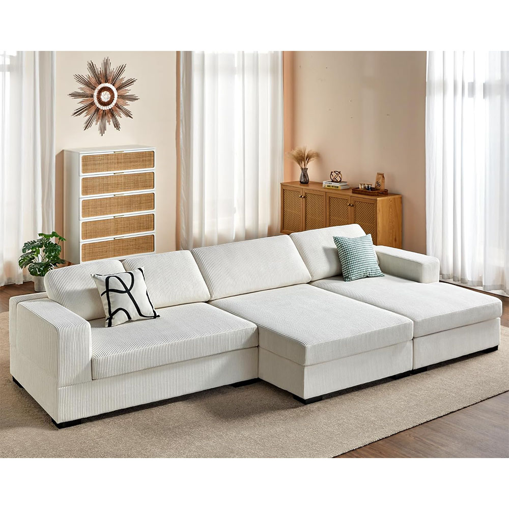 AMERLIFE Oversized Sectional Sofa, Large Double Chaise Couch, Comfy Sofa Couch with Left Chaise, White Corduroy Sofa