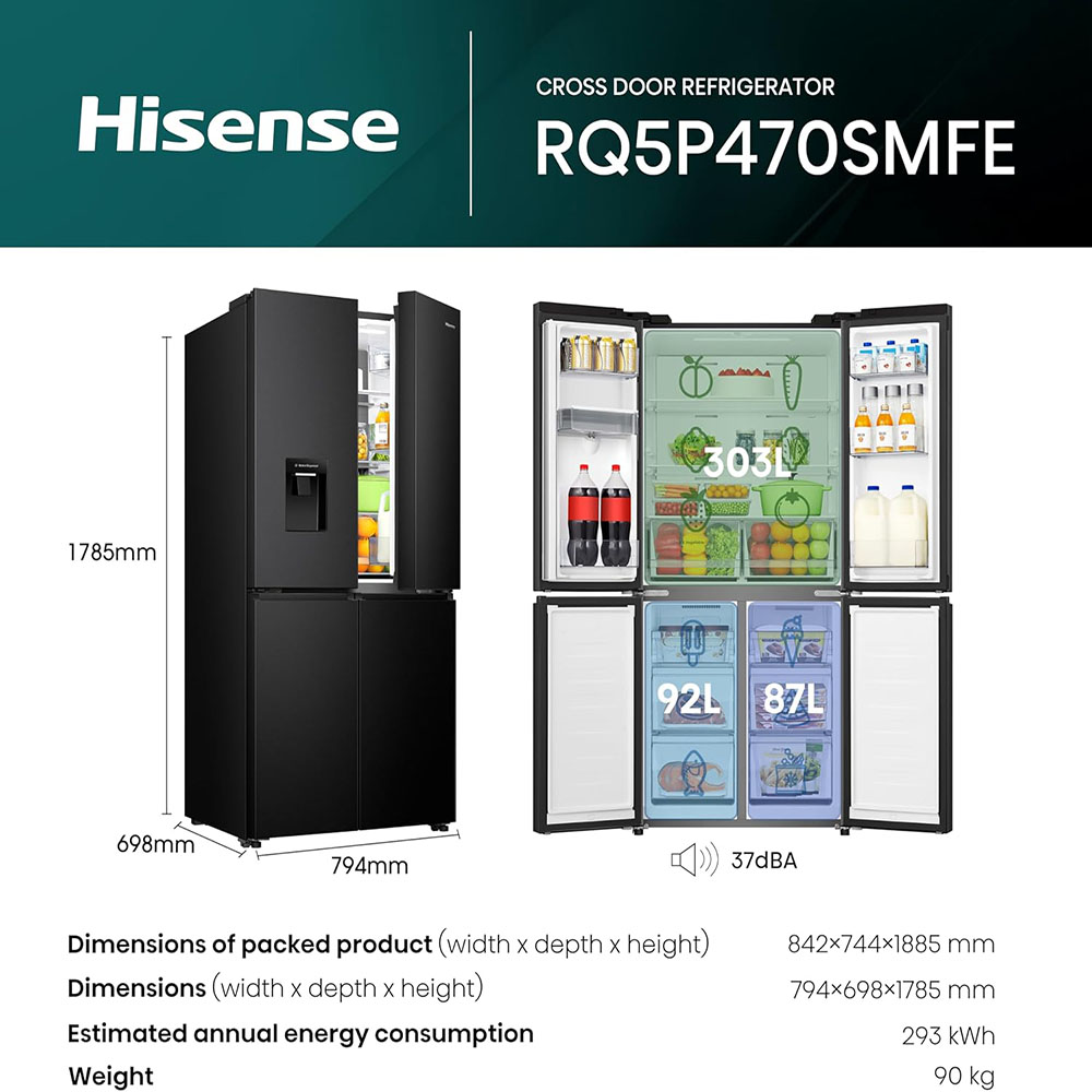 Hisense RQ5P470SMFE Wifi Connected American Fridge Freezer Cross Door with Water Dispenser