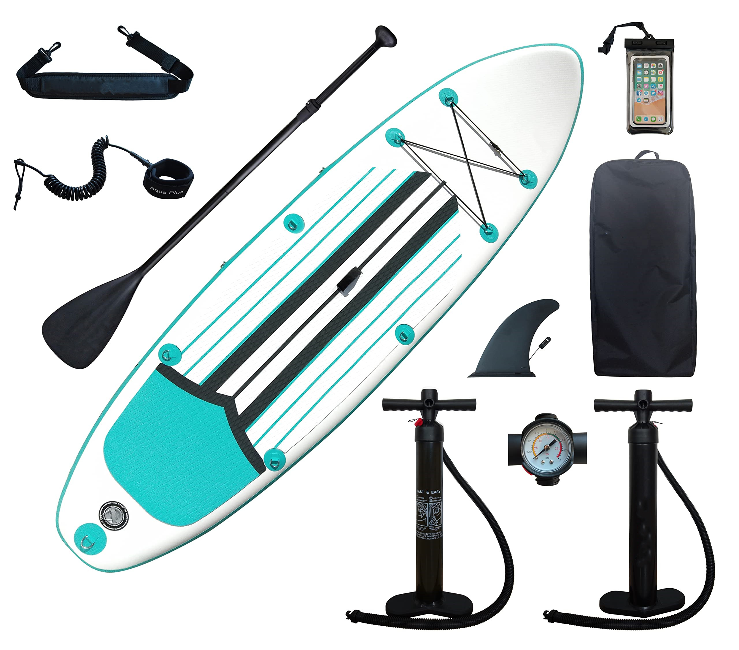 Aqua Plus 6inches Thick Inflatable SUP for All Skill Levels Stand Up Paddle Board,Paddle,Double Action Pump,ISUP Travel Backpack, Leash,Shoulder Strap,Youth,Adult Inflatable Paddle Board