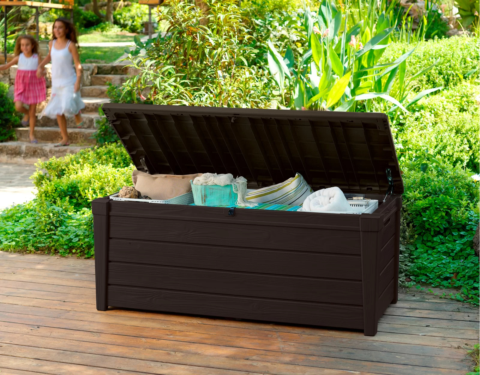 【Storage Shed】Keter Brightwood 120 Gallon Large Elegant Resin Water Resistant Lockable Deck Box
