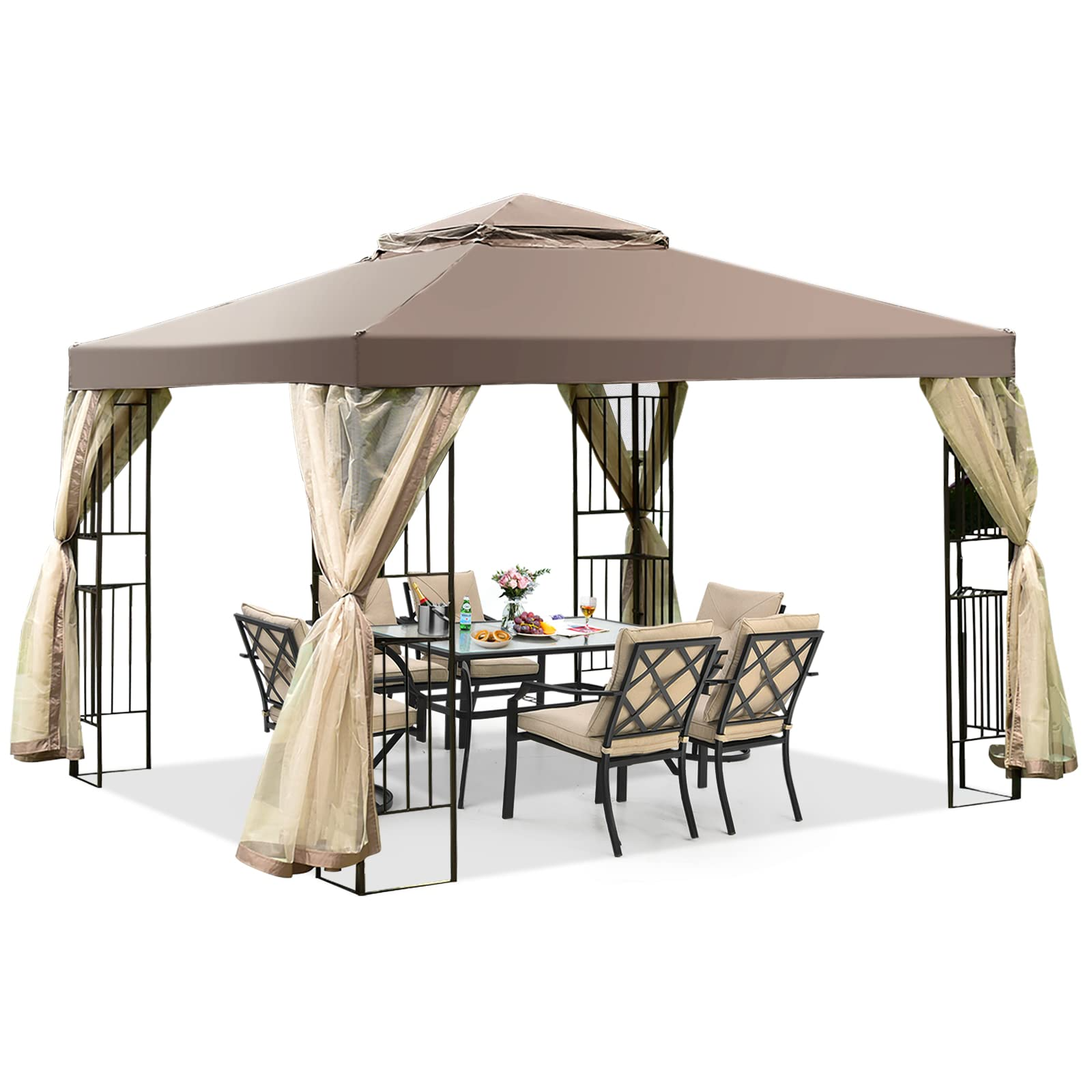 【Gazebo】【BS】10x10 Feet Patio Gazebo, Outdoor Gazebo Canopy Shelter w/ Netting