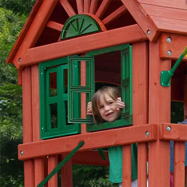 WOODEN SWING SET WITH WOODEN ROOF, TWO SWINGS, SLIDING