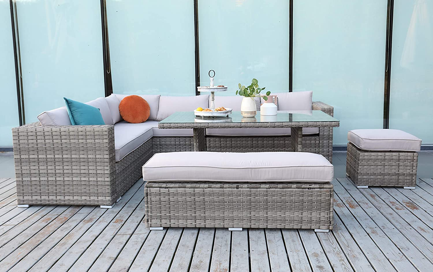 Ecosunny Rattan Garden Furniture Andrew 9 seaters Convertible Corner Sofa (288cm x 225cm x 81cm) Dining Table Set with Bench, Stool and Raincover, Flat pack - Mixed Grey Rattan and Light Grey Cushion