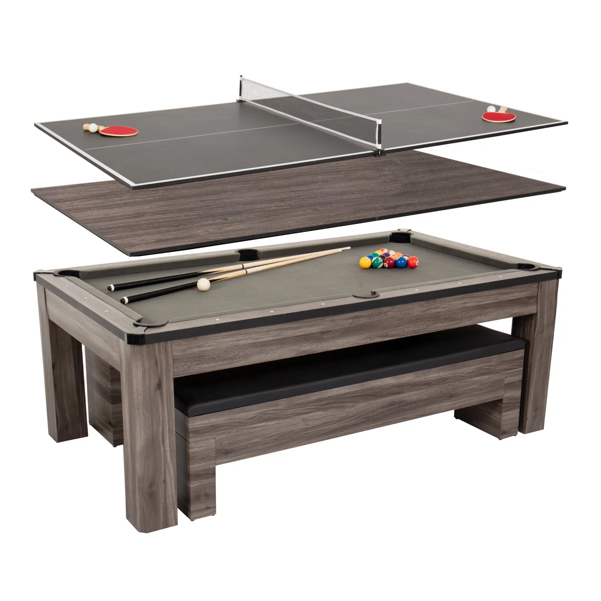 Atomic 7' Hampton 3-in-1 Combination Table Includes Billiards, Table Tennis, and Dining Table with Dual Storage Bench Seating