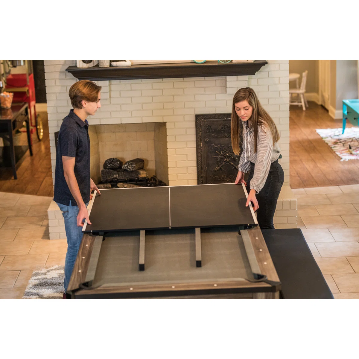 Atomic 7' Hampton 3-in-1 Combination Table Includes Billiards, Table Tennis, and Dining Table with Dual Storage Bench Seating